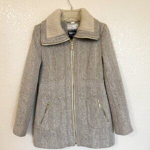 Kensie Herringbone Coat Small Beige Full Zip Ribbed Collar Cozy Chic